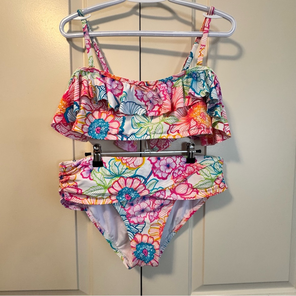 Bleu Rod Beattie Vibrant Colourful Floral Ruffled Off-Shoulder Bikini Set Sz 12